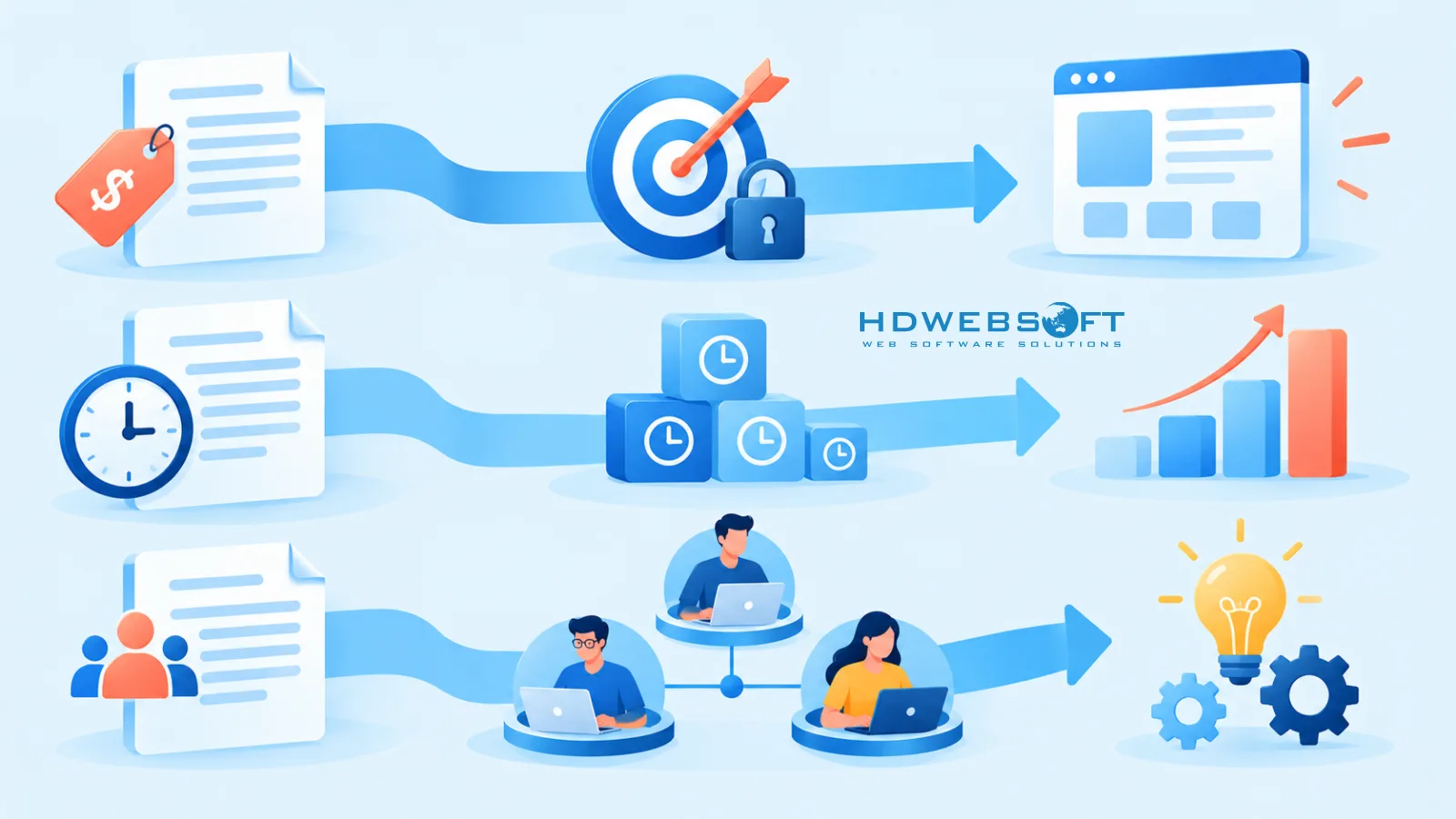 ภาพประกอบประเภทสัญญา software outsourcing สามแบบ: fixed-price, time and materials และ dedicated team