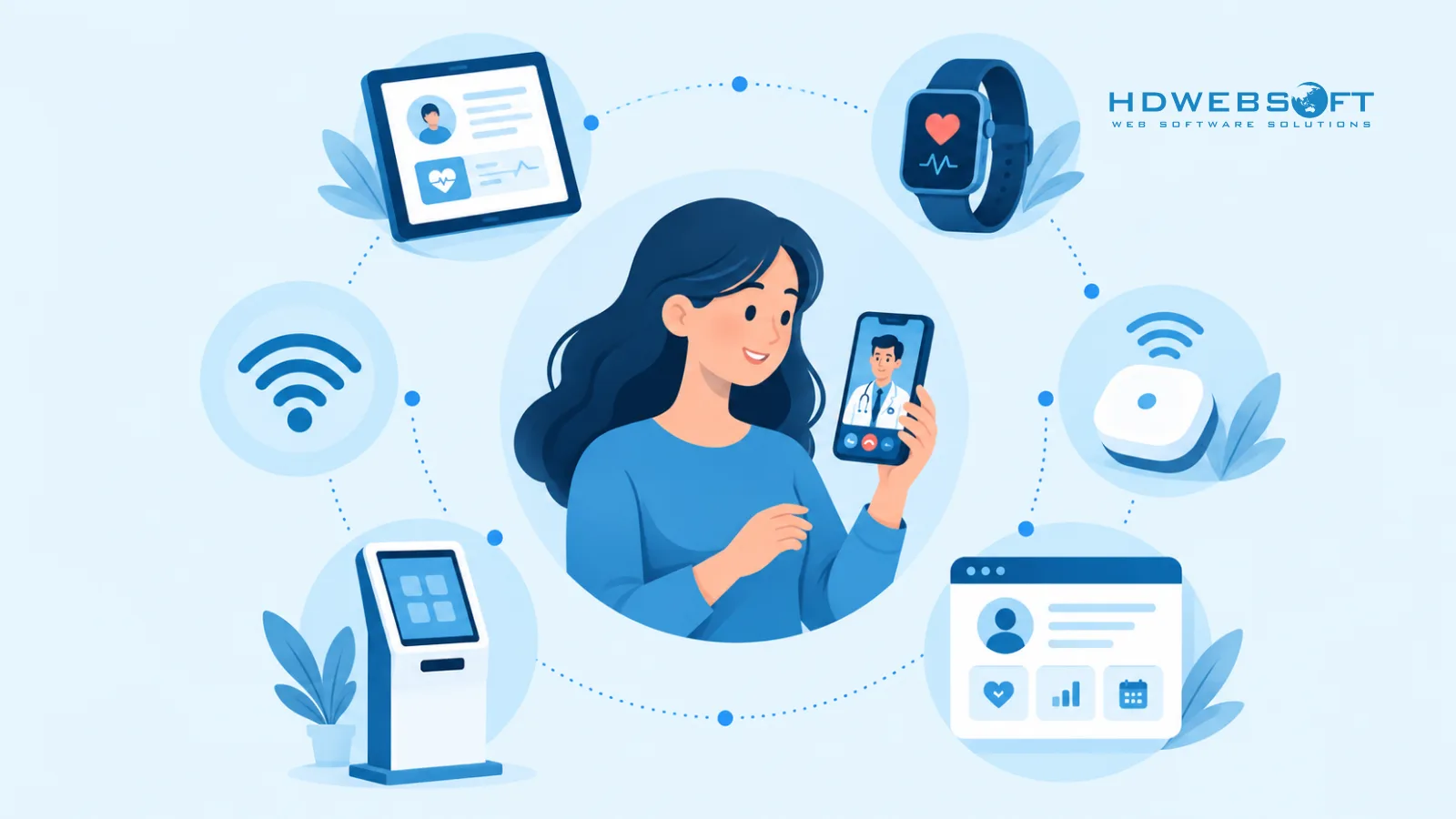 Un ecosistema de telesalud conectado de dispositivos y plataformas alrededor de un paciente.