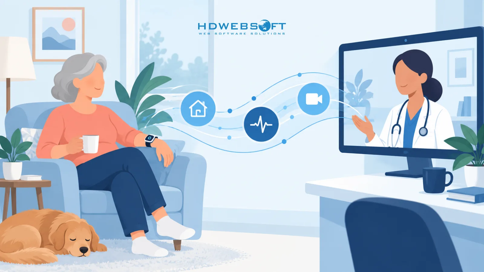 A patient at home using a wearable device connected to a clinician through a remote monitoring data stream.