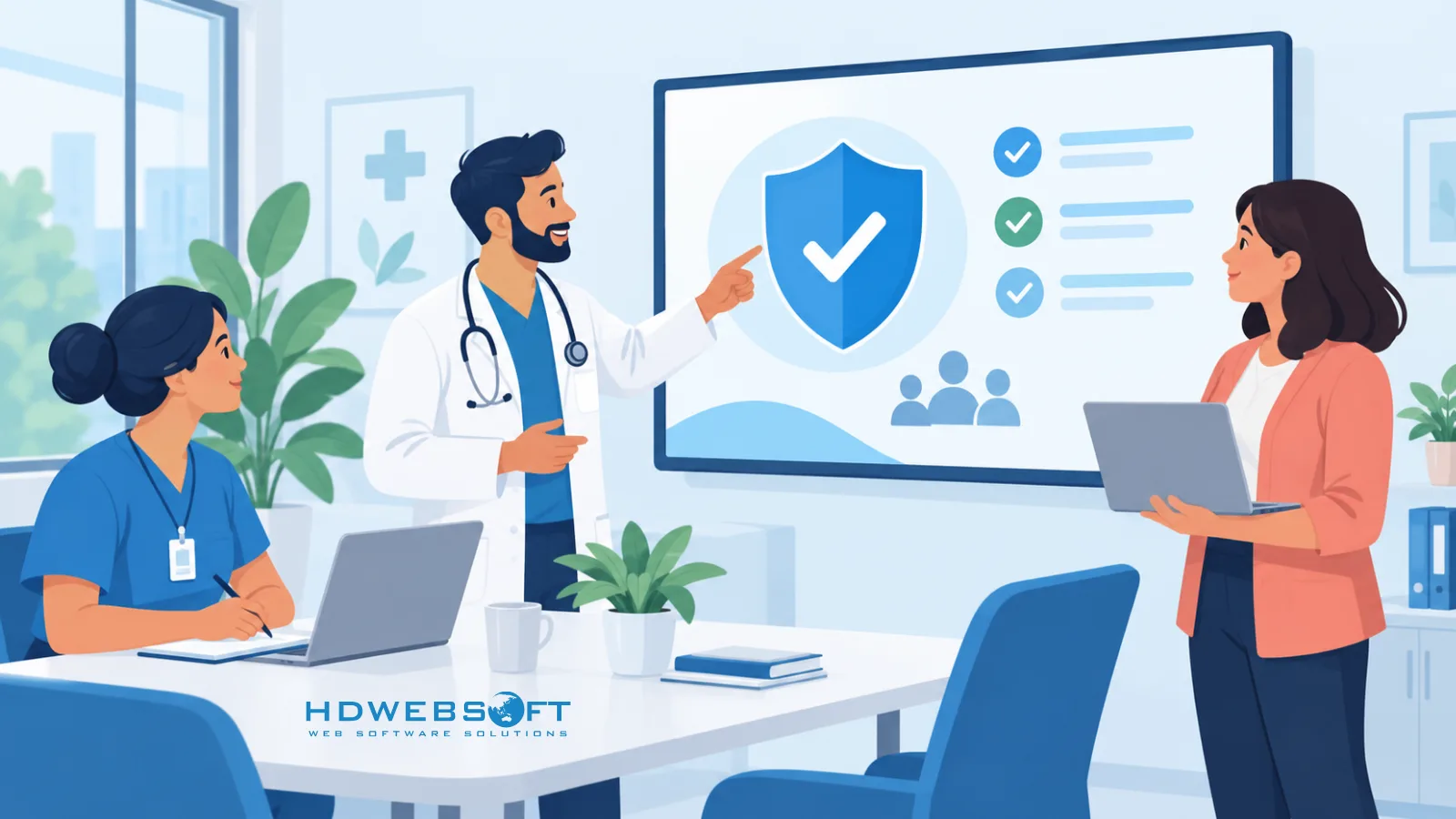 Personal de salud en una sesión de capacitación en seguridad revisando una lista de verificación de protección.