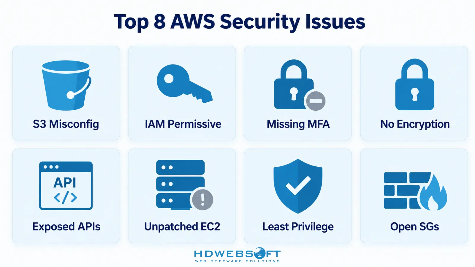 Griglia informativa degli 8 principali problemi di sicurezza AWS: configurazione errata S3, IAM permissivo, MFA mancante, nessuna cifratura, API esposte, EC2 non patchato, negligenza del privilegio minimo, security group aperti.
