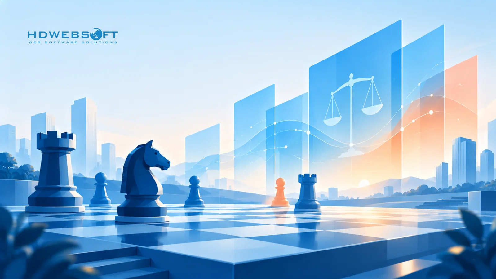 Abstract illustration of chess pieces and balanced scales representing business opportunities and risks of artificial superintelligence