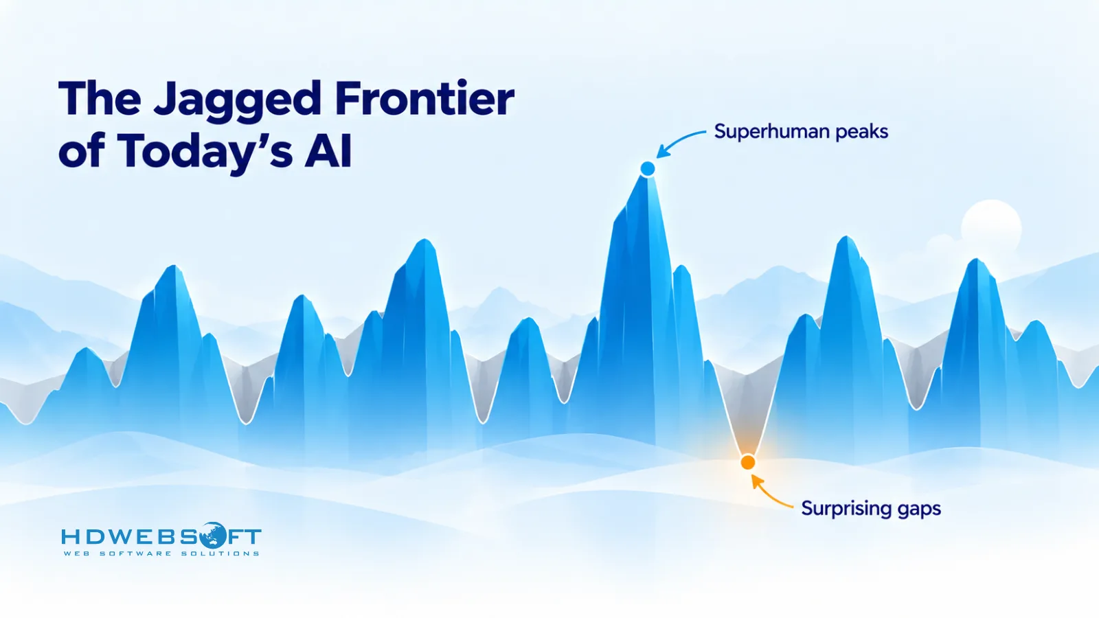 The jagged frontier of today's AI illustration showing superhuman capability peaks alongside surprising capability gaps