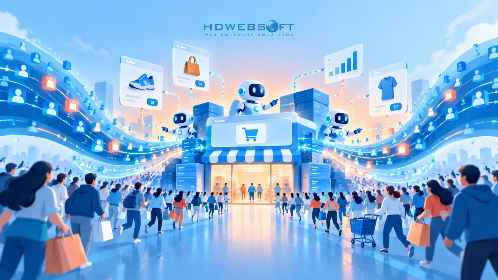 Illustration of Black Friday peak traffic converging on an e-commerce storefront while AI agents route the flow.