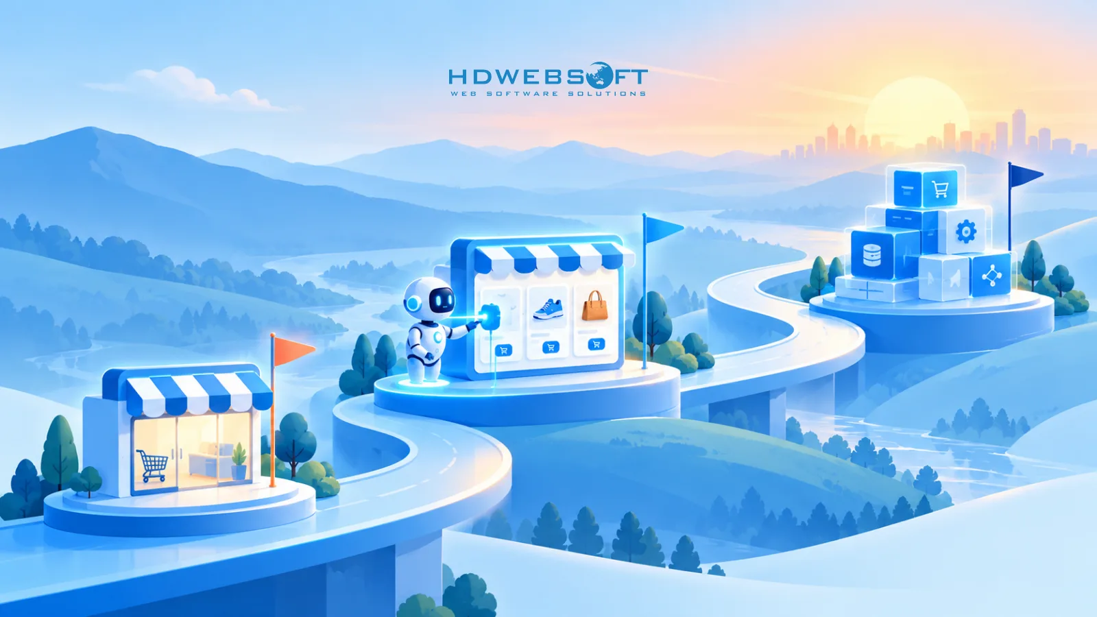 Illustration of a phased e-commerce modernization roadmap from augmenting a storefront to integrating AI agents to replatforming.