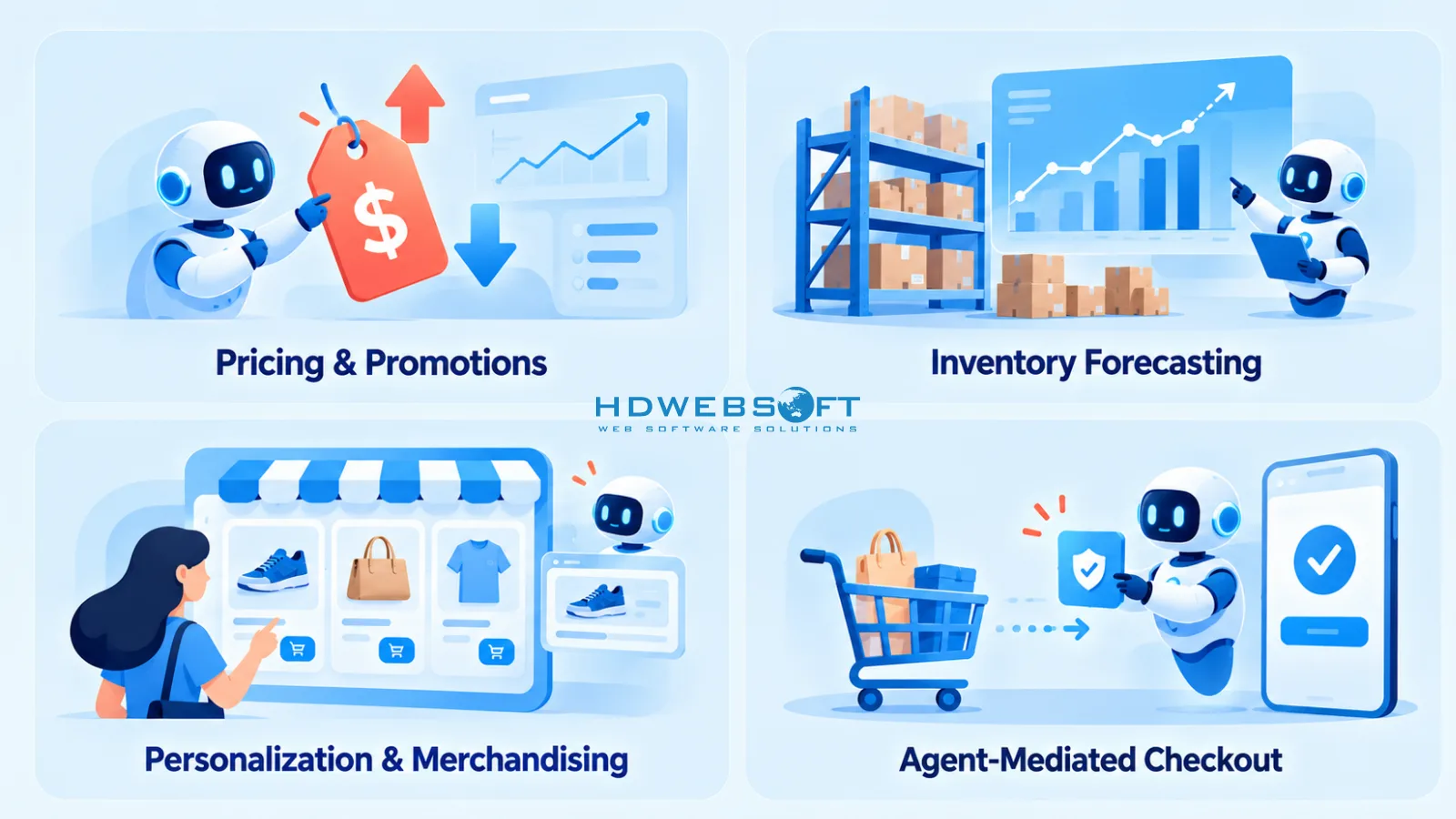 Four autonomous commerce use cases: pricing and promotions, inventory forecasting, personalization and merchandising, and agent-mediated checkout.