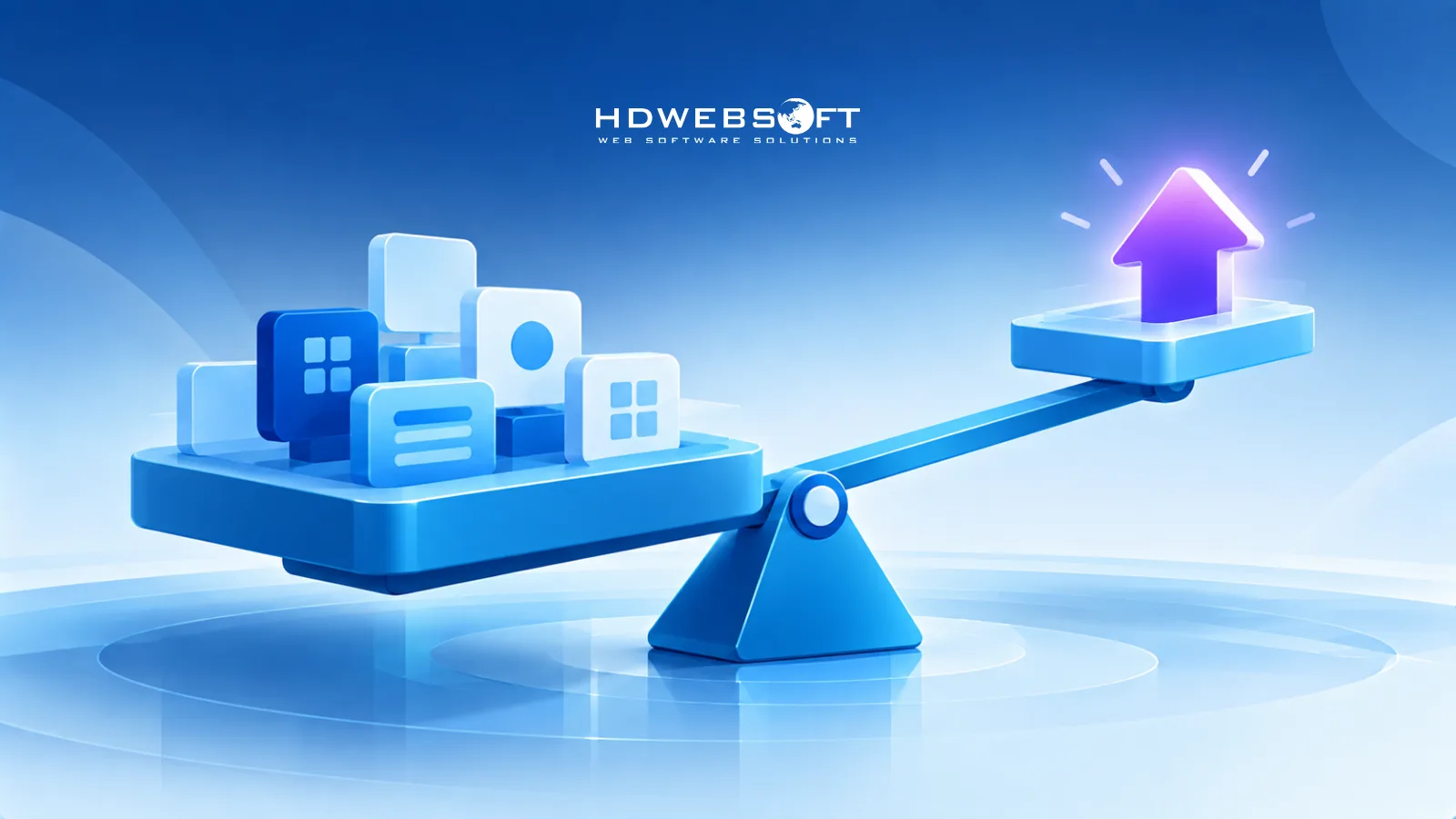 An abstract balance scale — a platform block holding app tiles levered against an elevated block with a rising arrow, suggesting efficiency gains