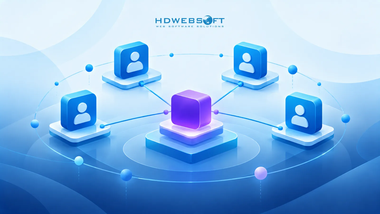 A constellation of connected nodes — four specialist nodes linked to a central hub with orbiting satellites, suggesting a coordinated team