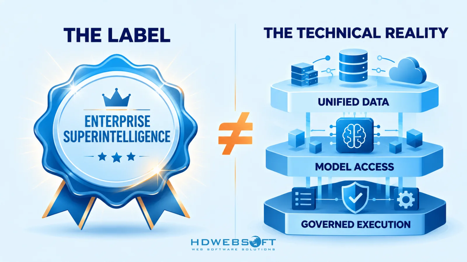 Infographic contrasting the "Enterprise Superintelligence" platform label with technical reality — an integrated enterprise AI system unifying data, model access, and governed execution