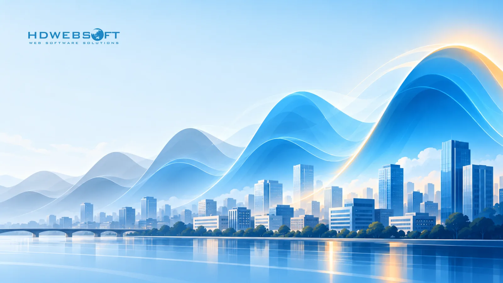 Illustration of a fast-moving AI capability frontier as layered translucent waves advancing over a stylized enterprise skyline