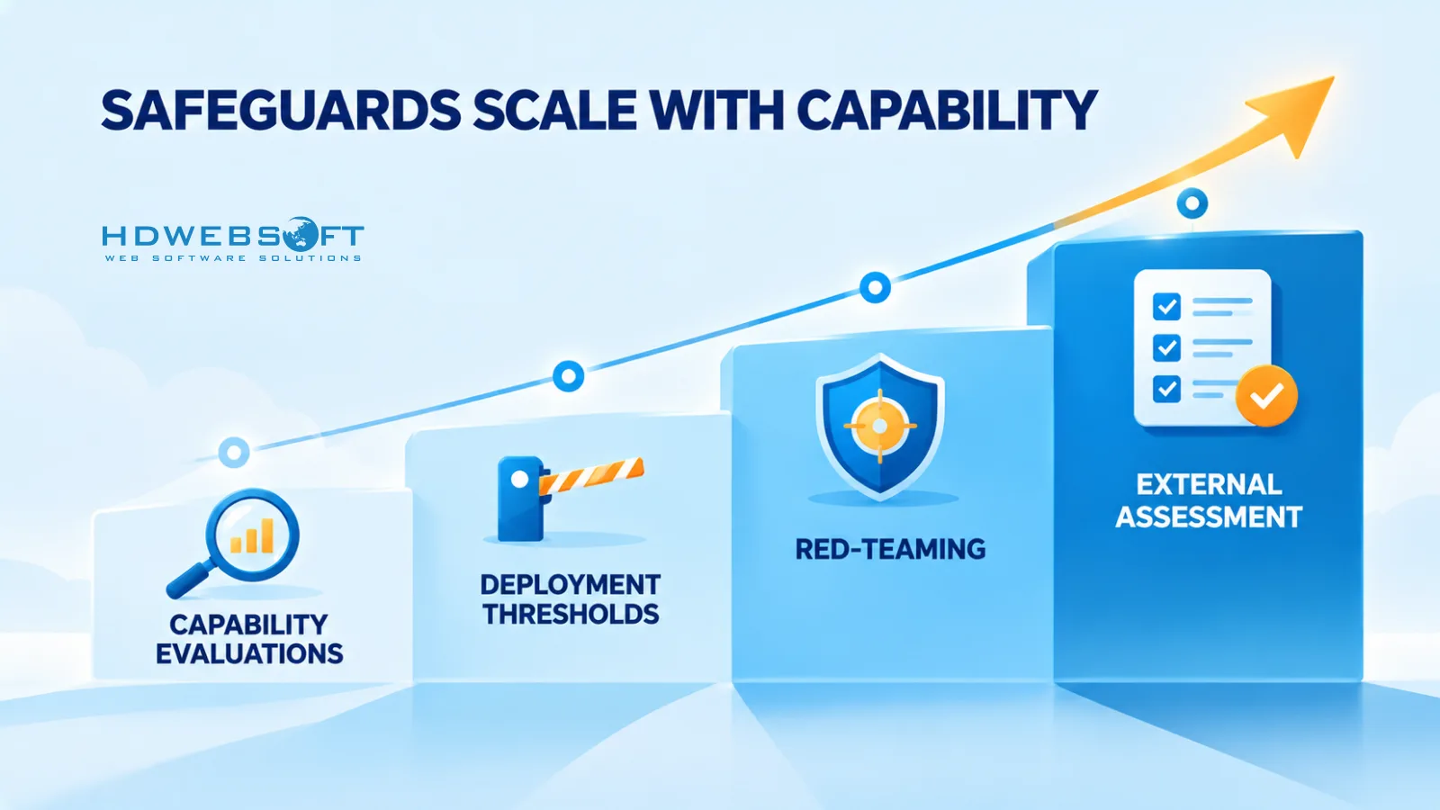 Infographic of frontier AI safeguards as a rising staircase — capability evaluations, deployment thresholds, red-teaming, and external assessment