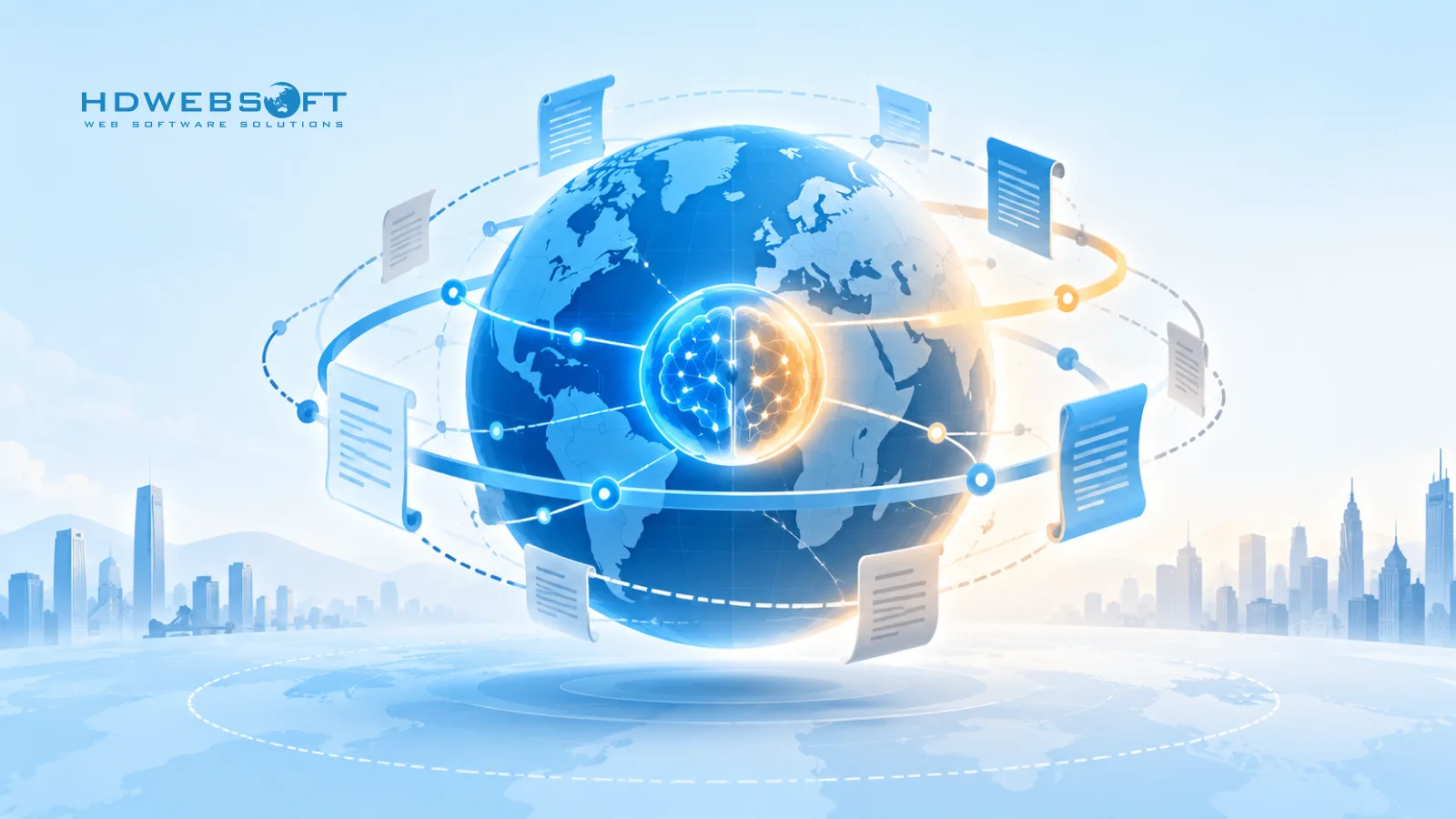 Illustration of global AI oversight as incomplete regulatory rings surrounding a stylized globe with a glowing AI node at its center
