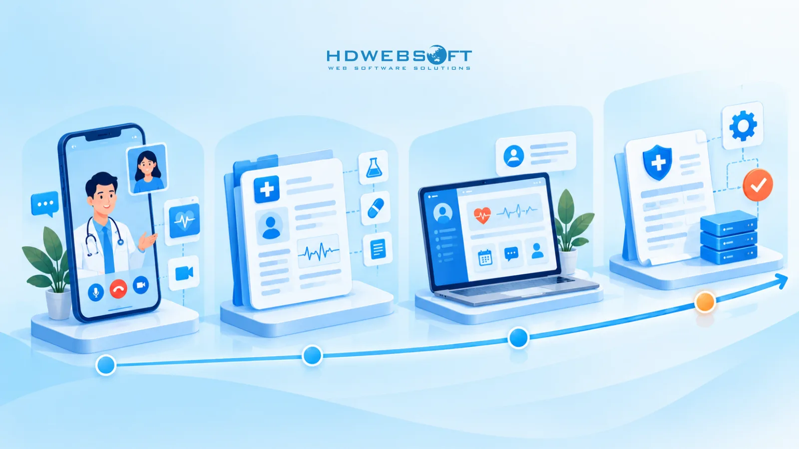 Illustration of four healthcare app categories on a delivery timeline: a telemedicine phone consult, an EHR record, a patient portal dashboard, and payer claims infrastructure