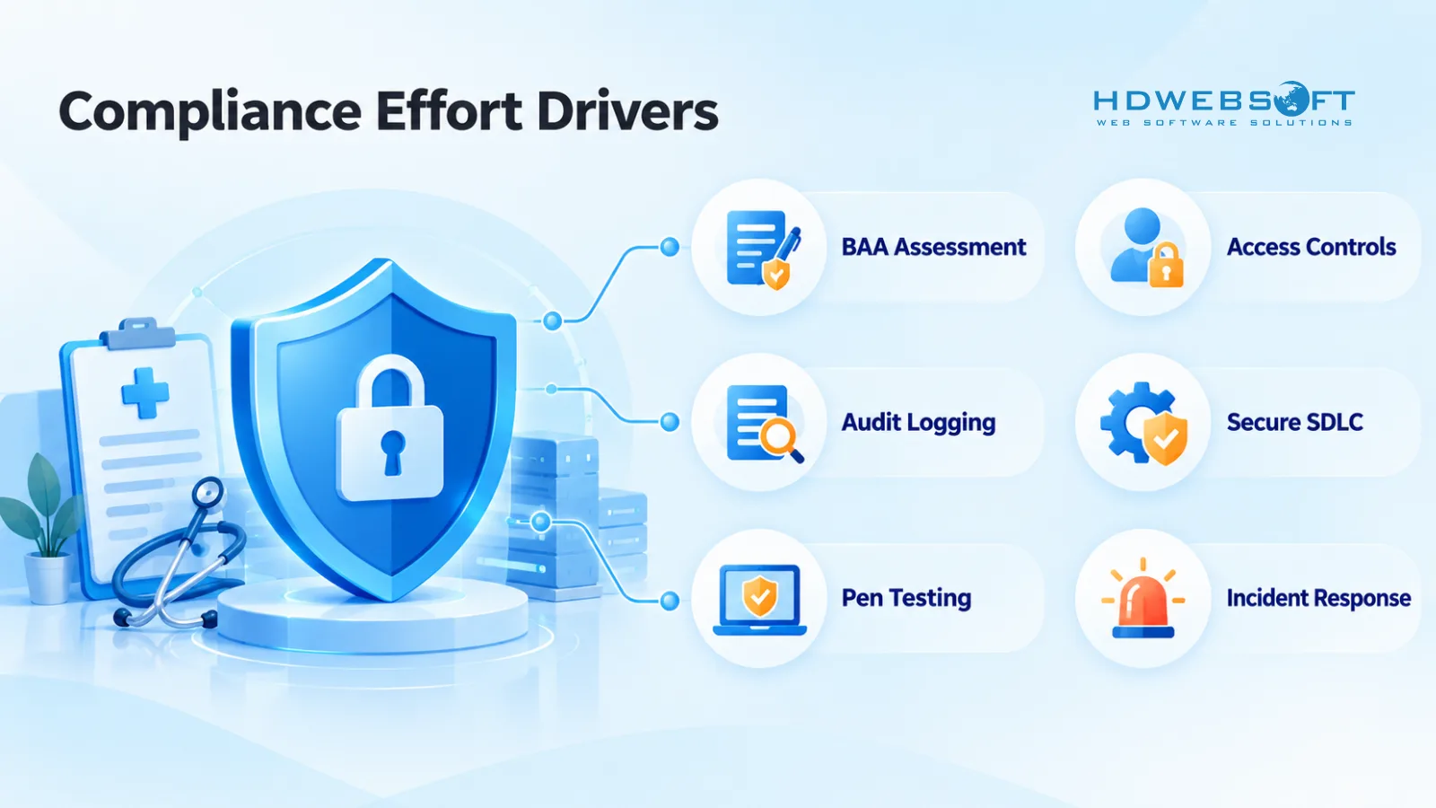 Infographic of HIPAA compliance effort drivers — BAA assessment, access controls, audit logging, secure SDLC, penetration testing, and incident response — radiating from a shield and medical clipboard