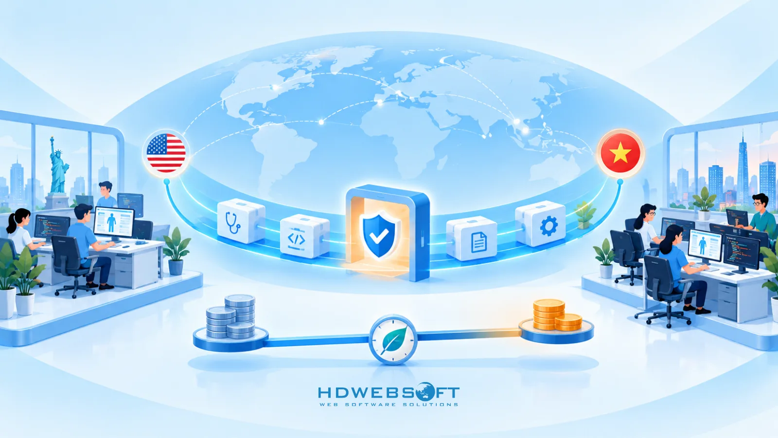 Illustration of offshore healthcare delivery between US and Vietnam engineering offices, with a compliance shield at the center of the data flow and a cost balance scale below