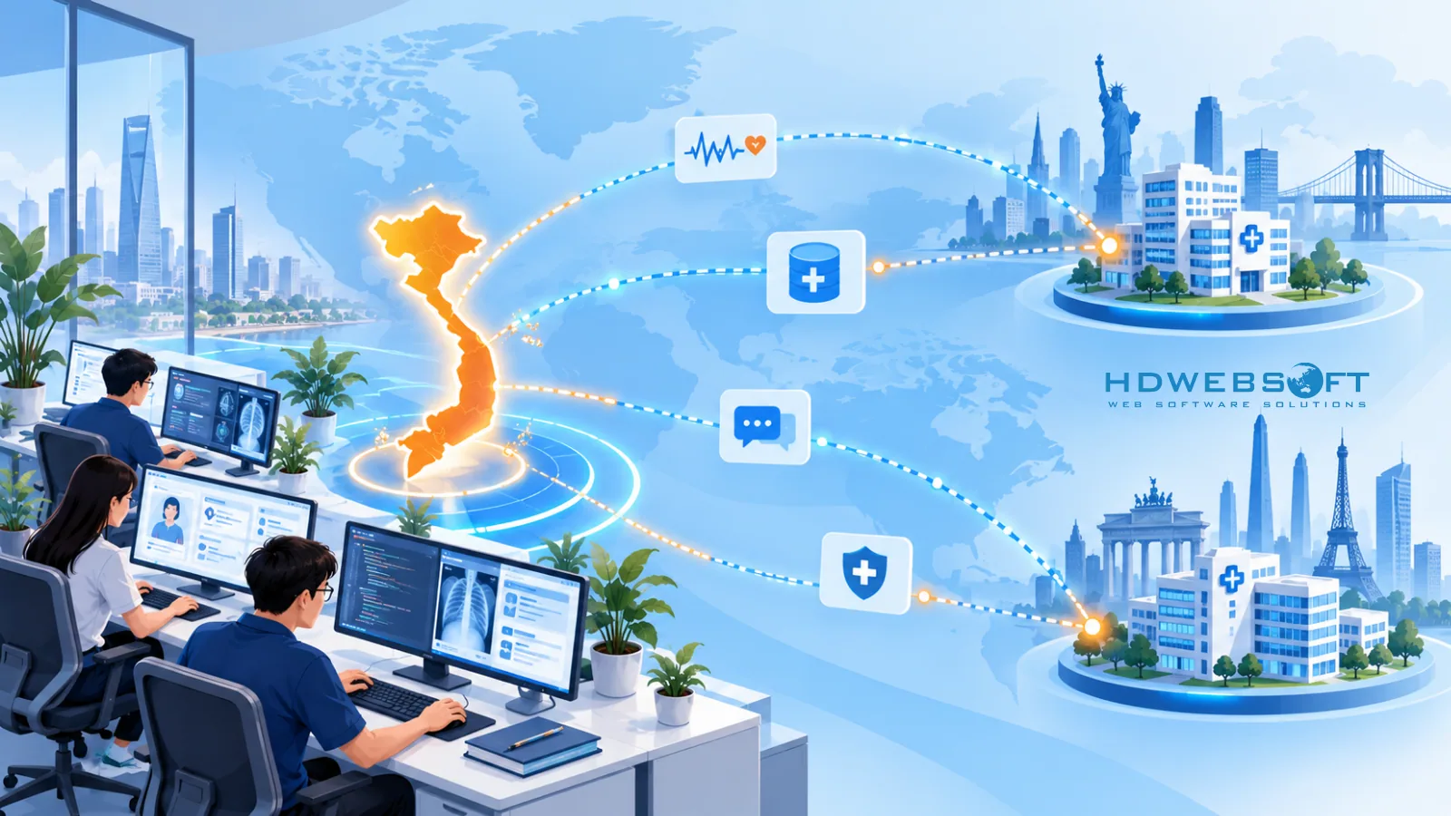 Illustration of Vietnam as a healthcare software delivery hub, with signal links to hospital and office nodes in the US and Europe