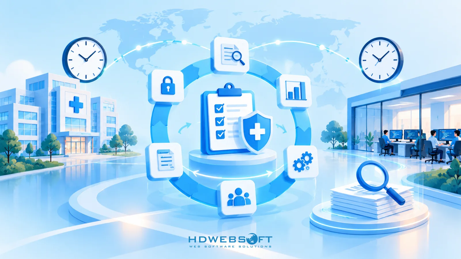 Illustration of ongoing compliance governance cycles for an offshore healthcare partnership across time zones.