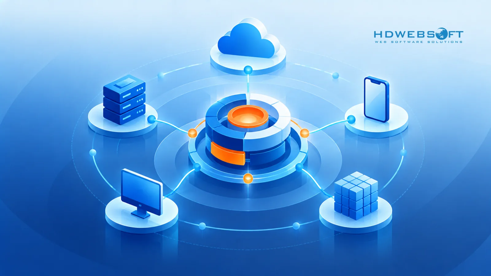 An abstract engine core radiating connections to server, mobile, desktop, cloud, and data-grid icons — one runtime powering every workload