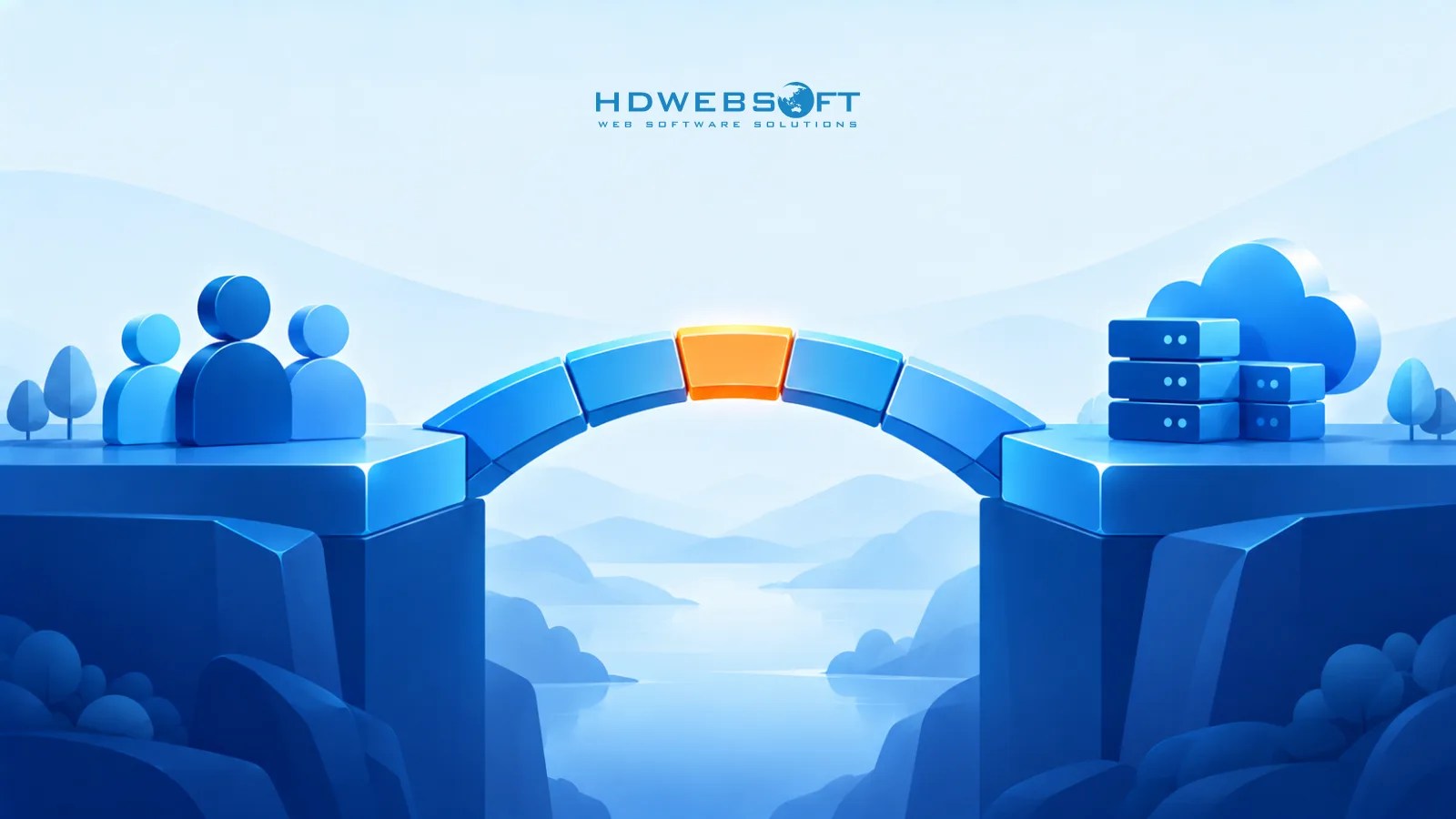 An abstract geometric bridge spanning between a team of person silhouettes and a server-and-cloud cluster — reliable distributed collaboration