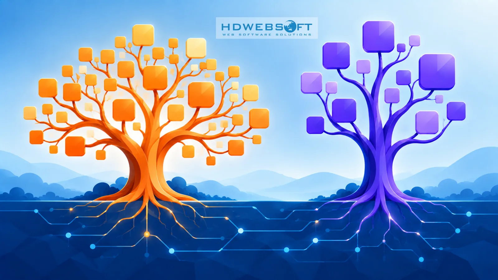 Dos árboles abstractos creciendo desde una cuadrícula de suelo compartida — un árbol Java naranja ancho y un árbol dotNET morado más alto sobre la misma base