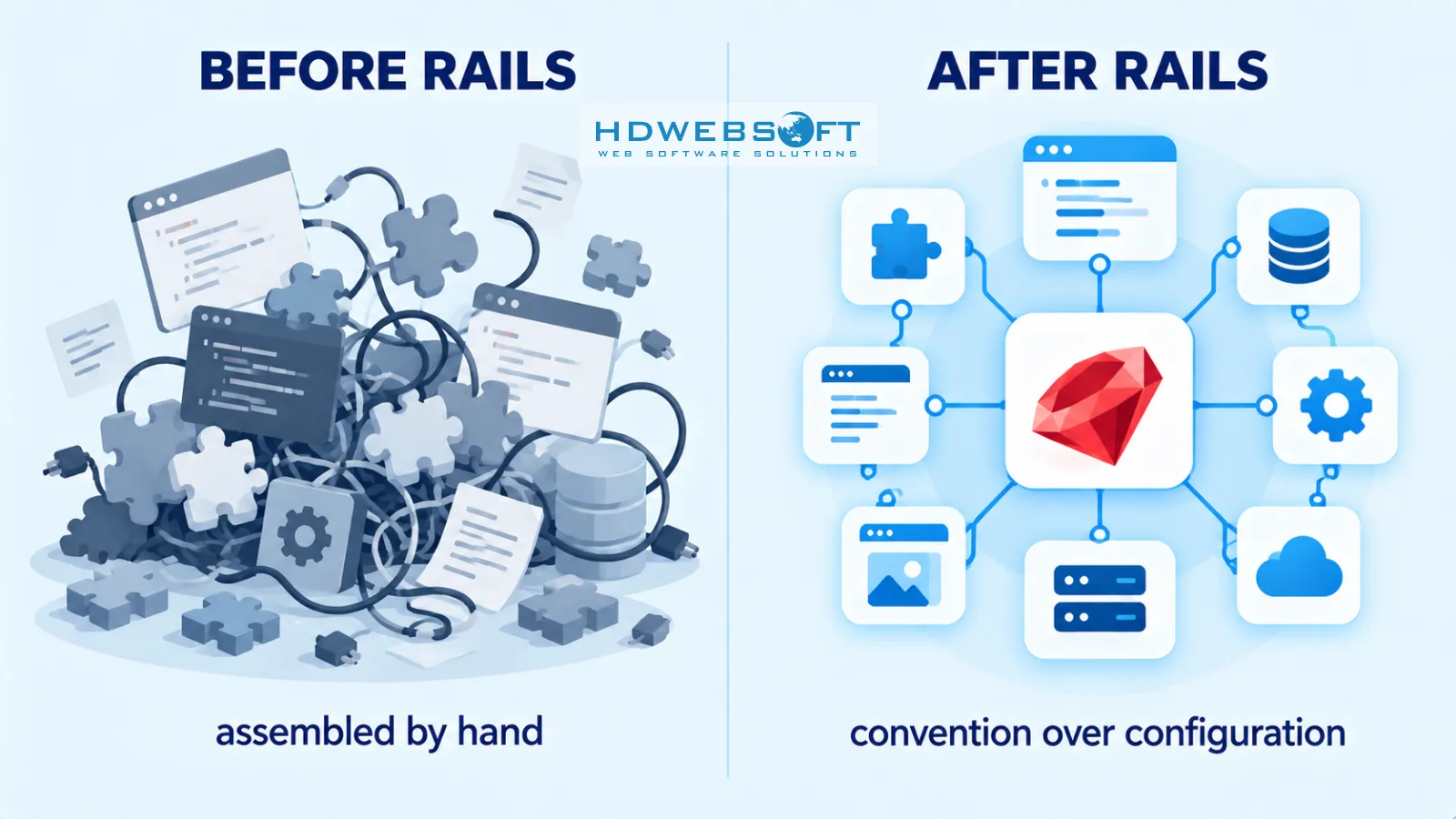 Phát triển web trước và sau Ruby on Rails: từ lắp ráp thủ công sang framework định hướng convention