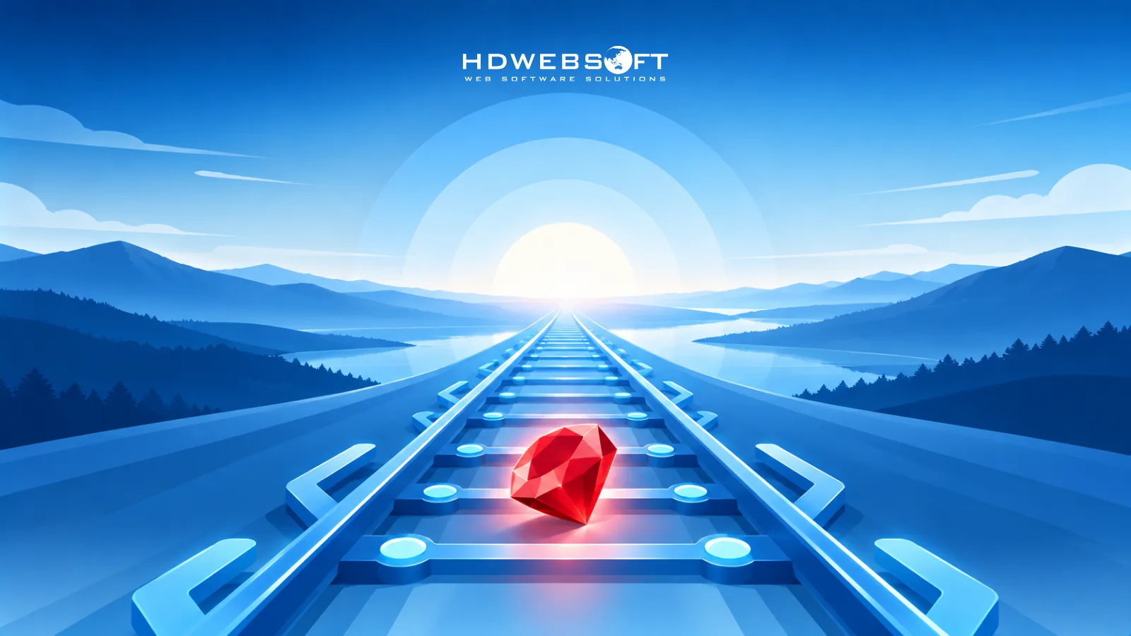 Đường ray làm từ code bracket dẫn về mặt trời mọc — chặng đường phía trước của Ruby on Rails