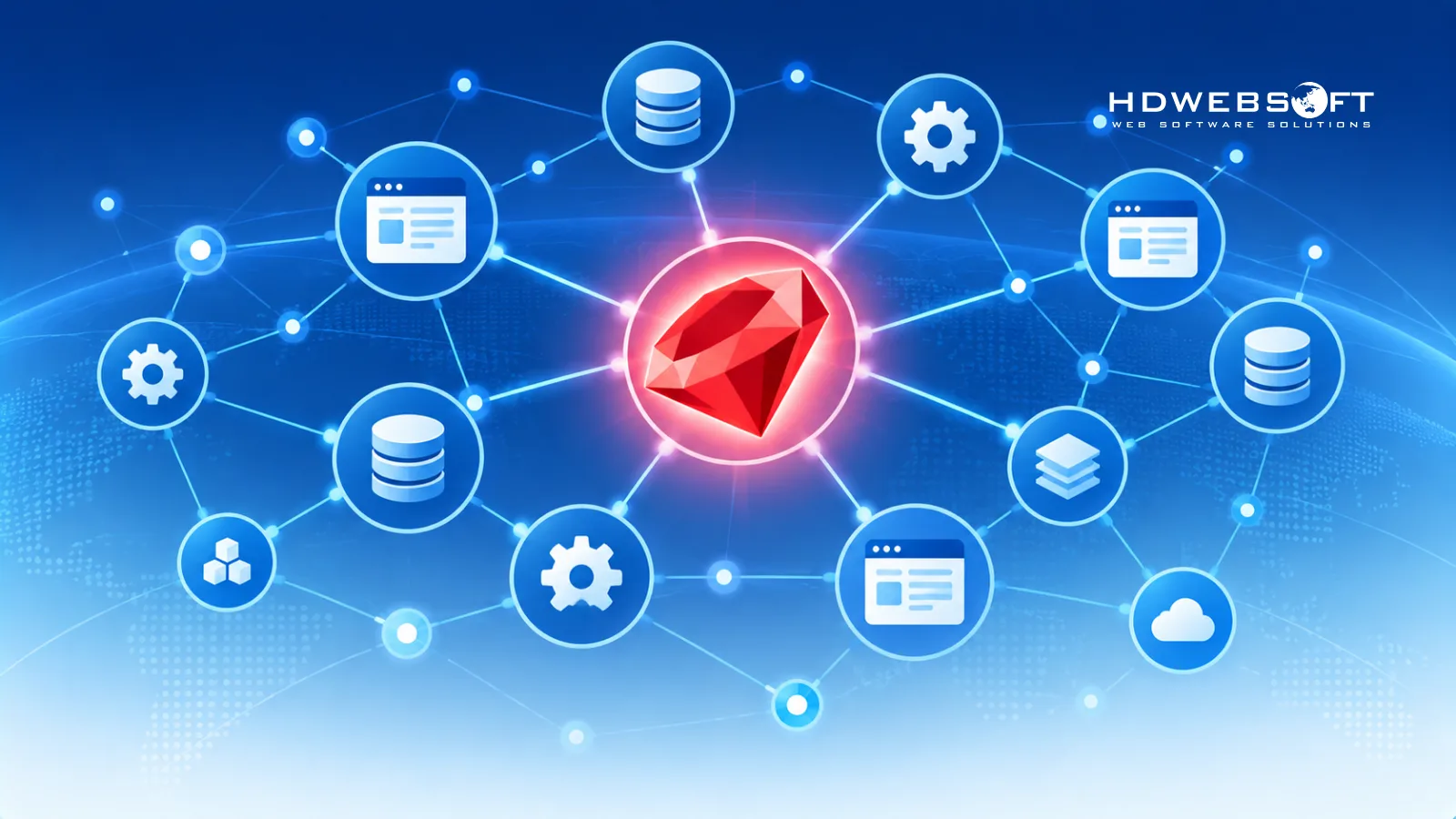 Mạng lưới các thành phần ứng dụng web kết nối về node Ruby on Rails trung tâm