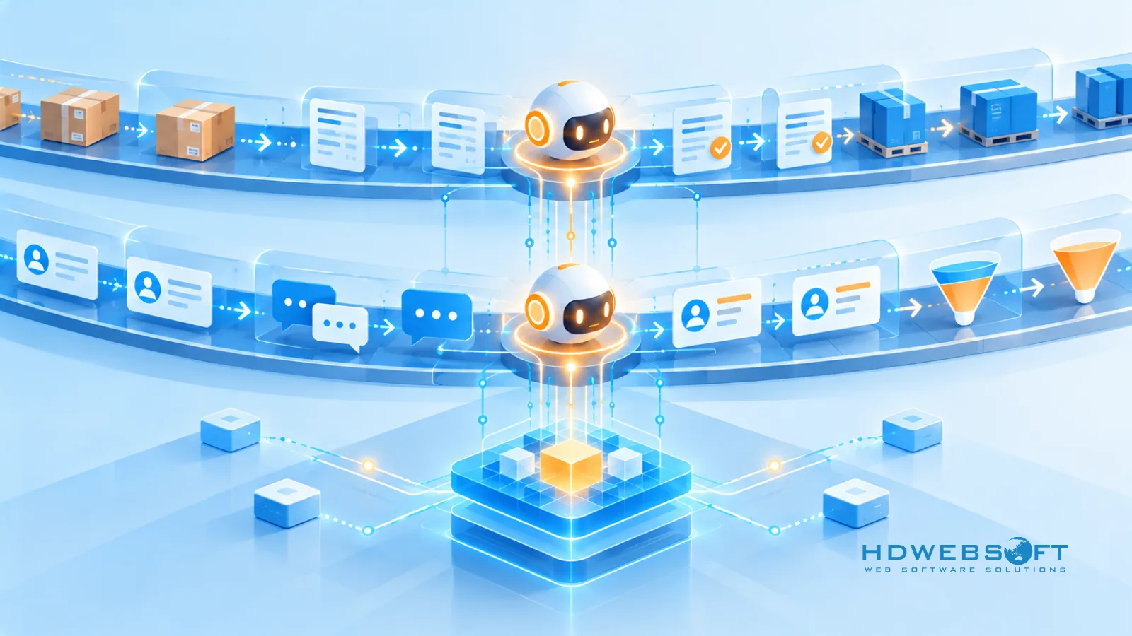 Illustration of parallel ERP and CRM workflow lanes processed by AI agent nodes over a shared data foundation