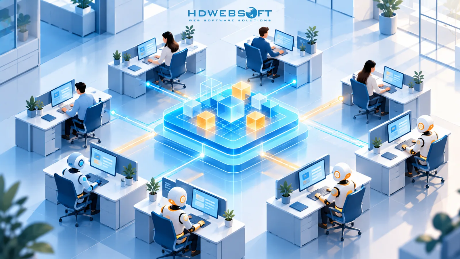 Illustration of human operators and AI agents working as equal operational users on the same enterprise data layer
