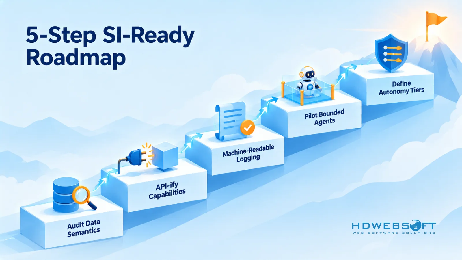Infographic of a five-step staircase roadmap to SI-ready systems: data audit, API-ify, logging, bounded pilots, autonomy tiers