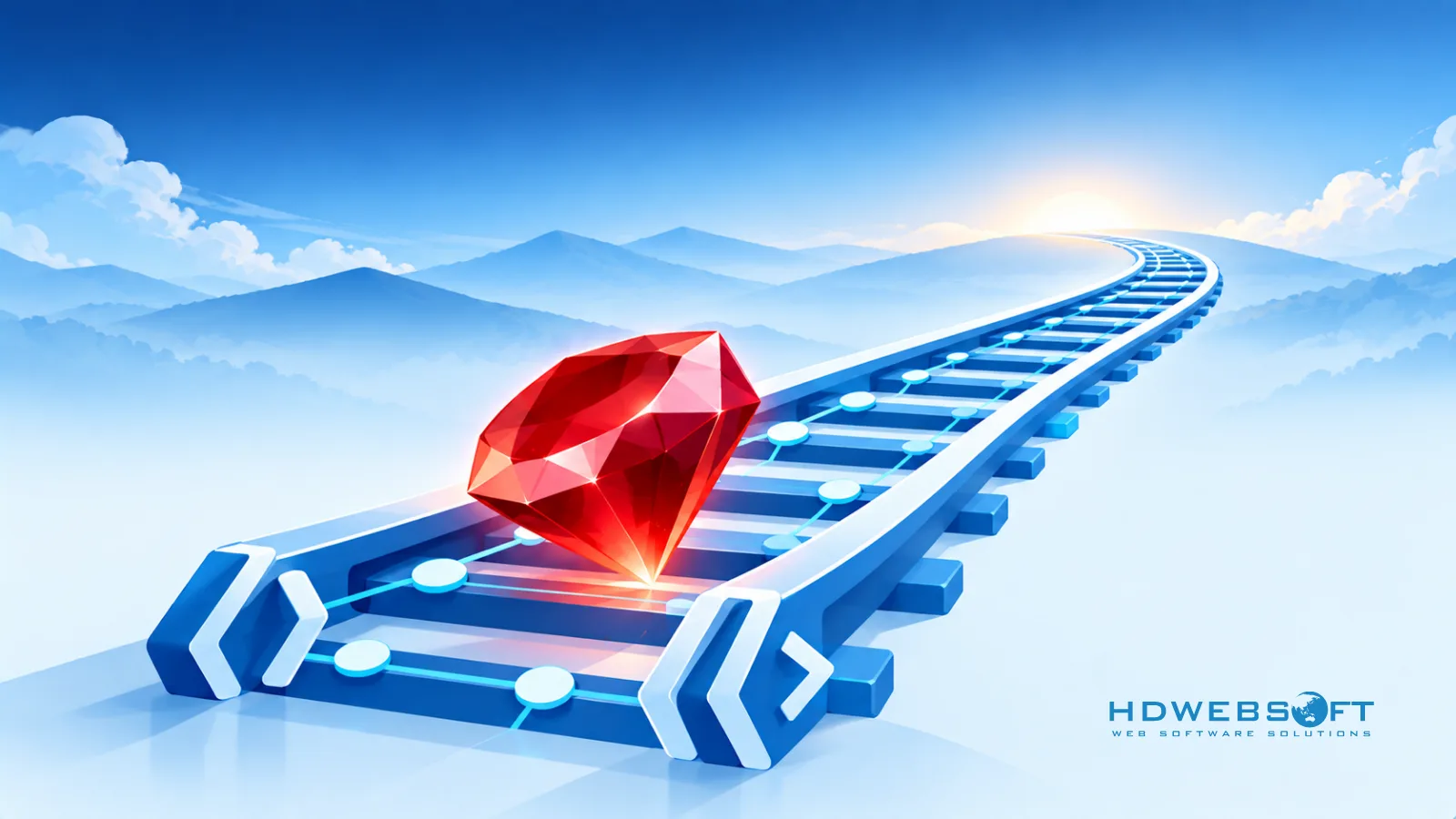 Một đường ray được cấu thành từ code bracket và các node kết nối chở một viên đá quý ruby — Ruby on Rails như nền tảng cho hành trình phía trước