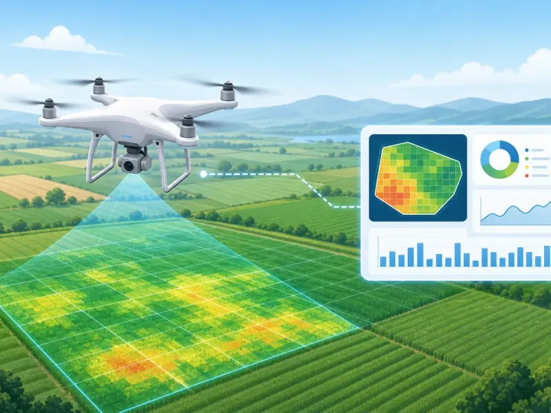 Drone bay trên cánh đồng với phân tích sức khỏe cây trồng và dữ liệu ảnh trên không