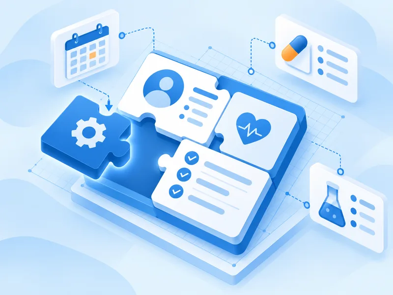 Custom EHR software development — a modular patient record assembled block by block on a blueprint