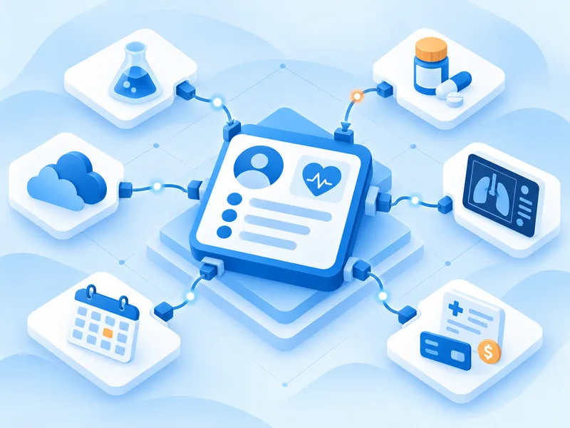 EHR interoperability — a central patient record hub connected by plug-style interfaces to lab, pharmacy, imaging, billing, scheduling, and cloud systems