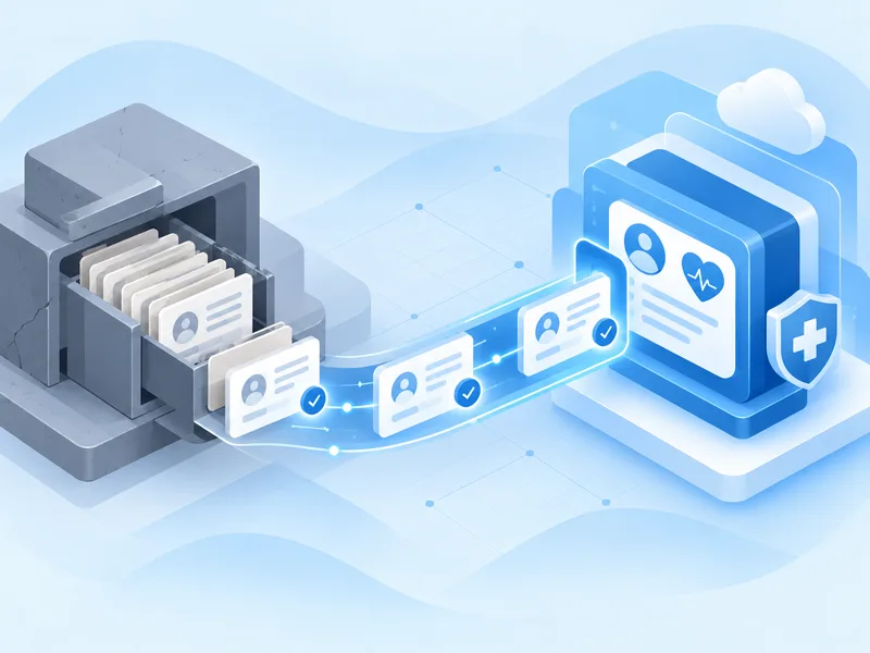 Legacy EHR modernization — paper records migrating through a validated pipeline into a modern secure EHR